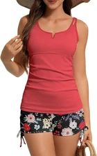 Zando Women's 2pc Tummy Control Tankini w/ Boyshorts - Red Floral - Large