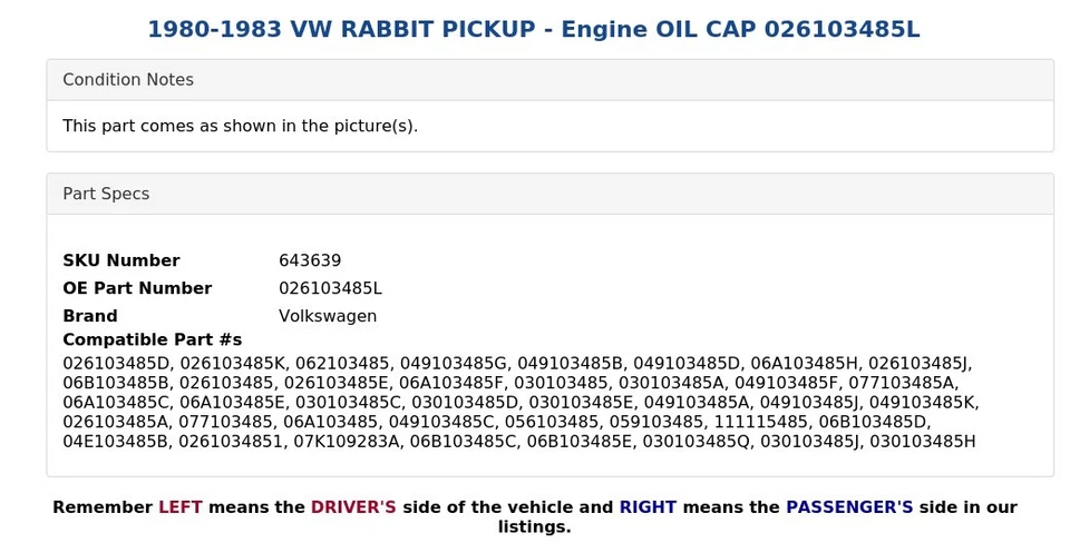 VW RABBIT PICKUP 1980-1983 - TAPA ACEITE MOTOR 026103485L Foto 4 de 4