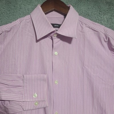 BOSS Hugo Boss Dress Shirt 16.5-34/35 Pink Striped Stretch Slim Fit Long Sleeve
