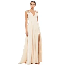 MAC DUGGAL Dress Size 4 Evening Gown Cream Sequin Beaded Cap Sleeve Slit. 