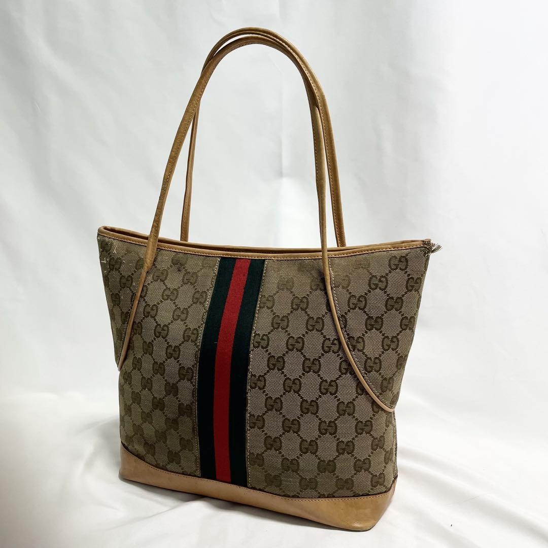 Gucci GG Canvas Sherry Vertical Tote in Brown Leather Pre-Owned