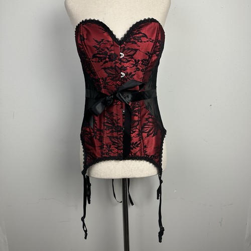 Adore Me Jasmine Boned Corset Lingerie Red Black Lace Garter Romantic Goth M