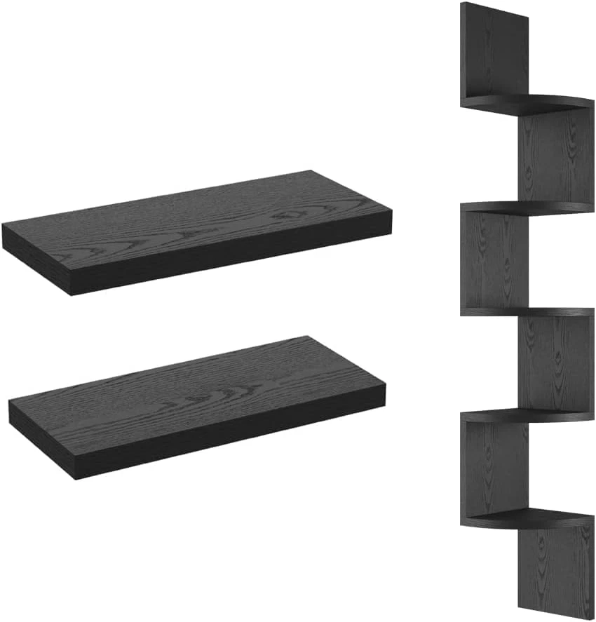 Set of 2 Black Floating Wood Shelves & 5-Tier Corner Shelf for Any Room