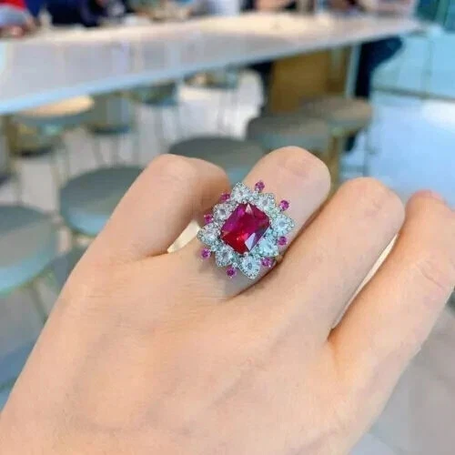 3Ct Emerald Cut Lab Created Red Ruby Halo Engagement Ring 14k White Gold Plated - Image 2 of 3