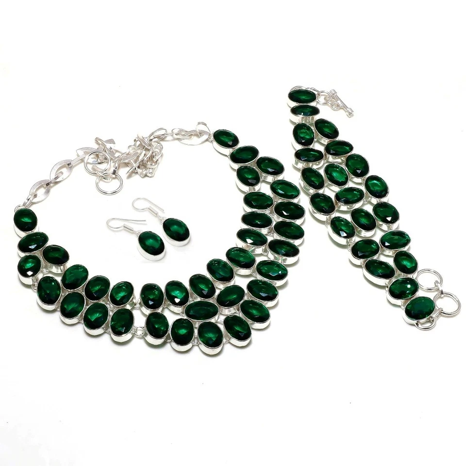 Conjunto de joias de prata esterlina 925 feitas à mão com pedra preciosa diópsido cromada facetada L758 - Imagem 2 de 4