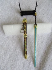 Anime  Fantasy miniature sword green/gold/brown, keychain w/display