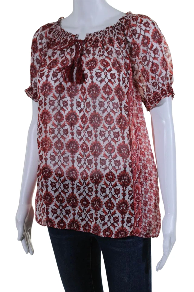 Blusa Top Joie Mujer Manga Corta Ojo de Cerradura Seda Floral Blanco Rojo Talla Grande Foto 2 de 4