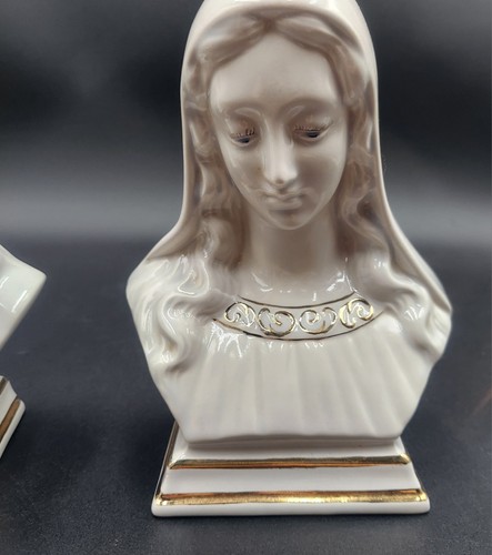 Holland Mold Jesus Mary Bust Statue Figurine Figure Ceramic White & Gold Shiny - Picture 2 of 13