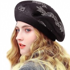 Winter Black Rhinestone Beret Hat Women 2 Layers Wool French Knit Cap