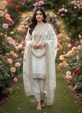 Latest Designer Pure Fendy Silk White Top Palazzo With Dupatta For Wedding