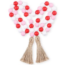 Valentine's Day Wood Bead Garland with Tassel,Rustic Wooden Bead Decor Farmho...