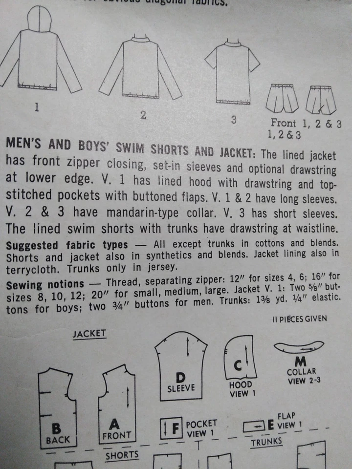 Jacket Swim Trunks Shorts Mens S 34 36 Simplicity 7146 Sewing Pattern Active Cut - Image 4 of 4