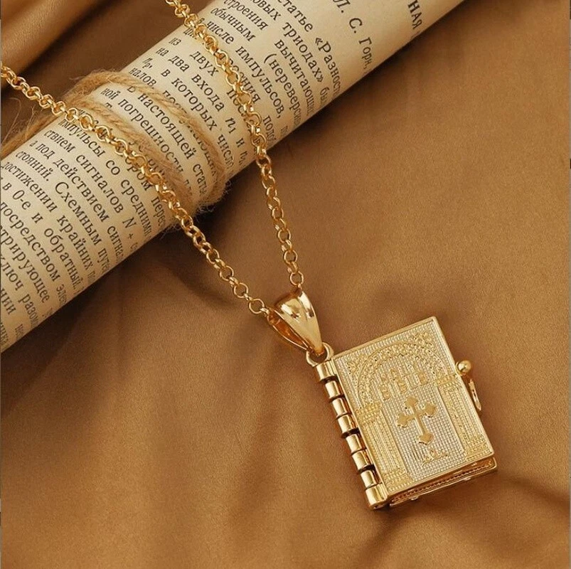 Gold Bible Pendant Jesus Christ God Cross Lords Prayer Chain Christian Necklace