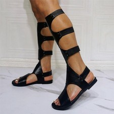 Women's Summer Gladiator Hollow Out Knee High Boots Peep Toe Flats Sandals Date