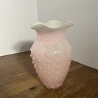Vintage Fenton Milk Glass Hobnail Petal Pink Overlay Ruffled Vase 7in Damaged
