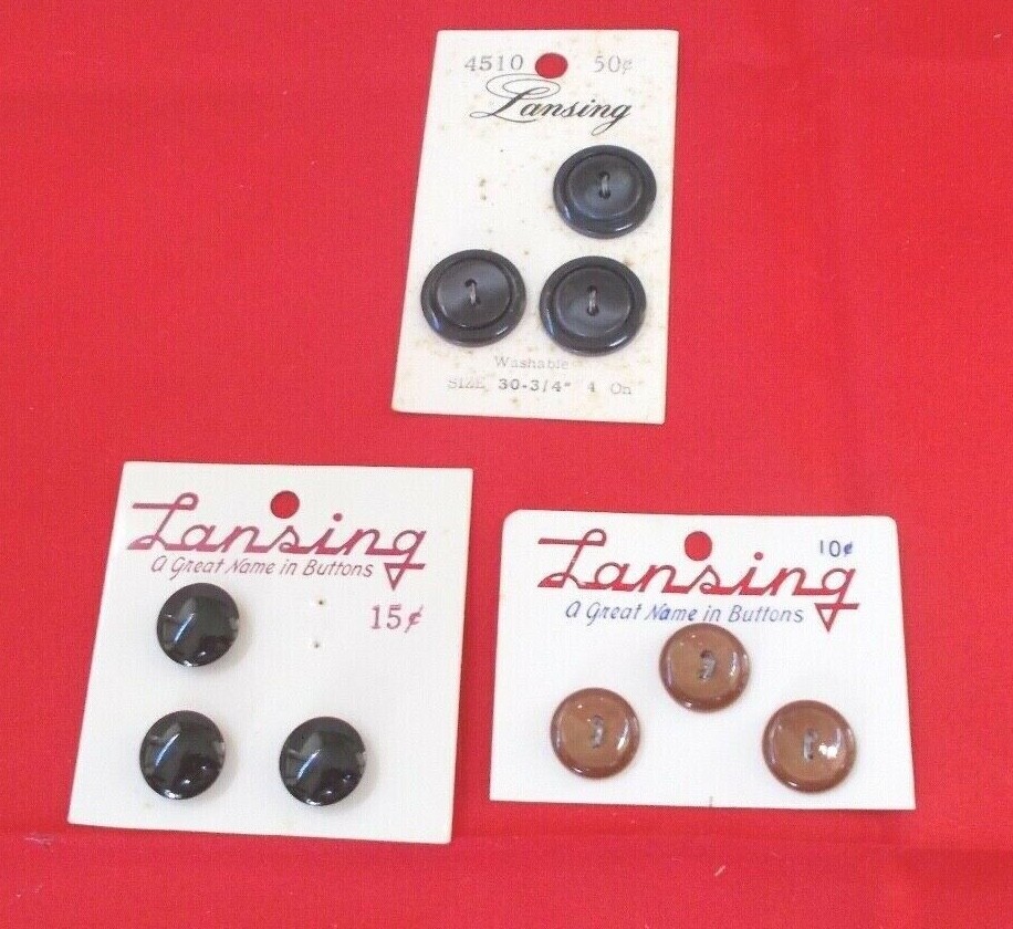 Vintage 3 Lansing Cards,9 Buttons, 6-2 Hole Flat & 3 Shank Buttons -Black/Brown