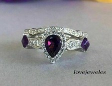 Real Amethyst 2CT Pear Shape Fancy Halo Engagement Wedding 925 Silver Ring Set