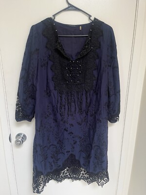 Elie Tahari T Tahari Peasant Tunic Dress Navy Lace Long Sleeve Size M  Cotton | eBay