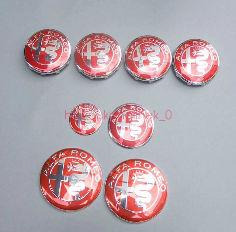 8 Set Alfa Romeo Red Wheel Center Caps Hood Rear Steering Wheel Emblems Badges