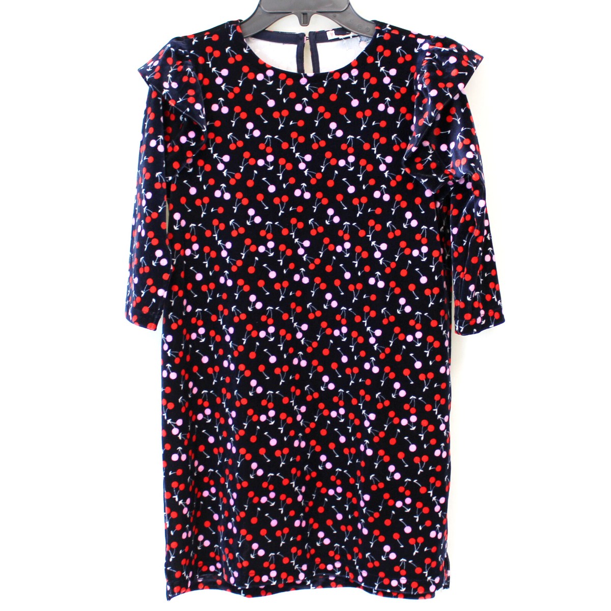 J.Crew Crewcuts Girls Navy Cherry Velvet Ruffled Trim 3/4 Sleeve