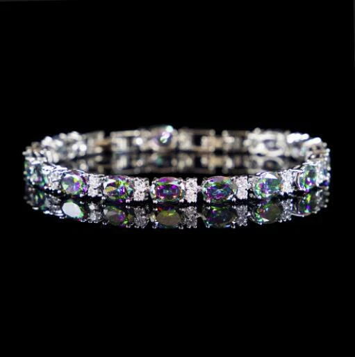 Venta Caliente Pulseras Multicolor Ovaladas Arco Iris Topacio Místico Piedras Preciosas Plata Mujeres Foto 4 de 4