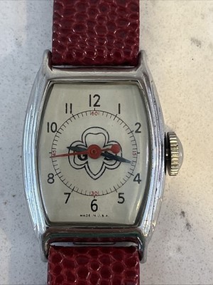 Vintage Girl Scouts Watch Rectangle Wind Up 40s-50s USA Red Second Hand WORKS!