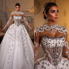 Fashion Wedding Dresses Crystal High Neck Appliques Strapless Shiny Bridal Gowns