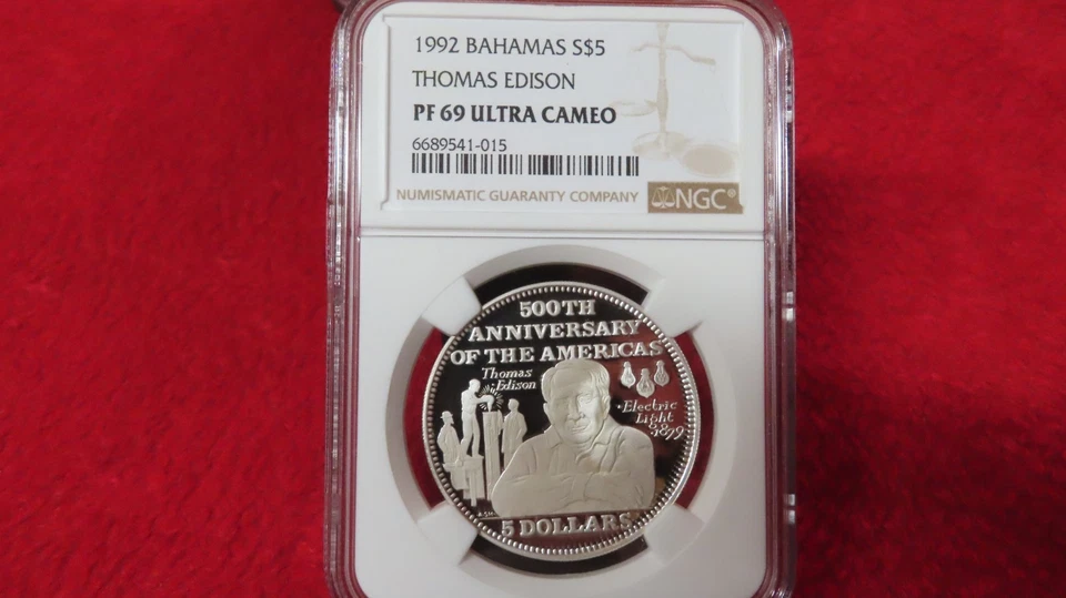 1992 BAHAMAS SILVER 5 DOLLARS THOMAS EDISON NGC PF 69 ULTRA CAMEO TOP POP - Image 2 of 4