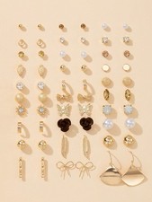 30 Pairs Multicolor Gold Tone Stud Earrings Set With Pearl Rhinestone Butterfly