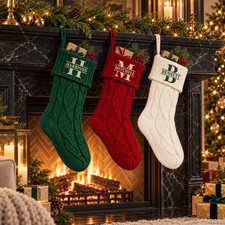 Christmas Stocking Personalized Split Initial Surname Monogram Embroidered Knit