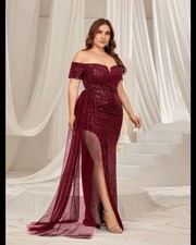 2x fits XXL Plus Off Shoulder Sweetheart Neck Split Thigh Sequin Party Dress