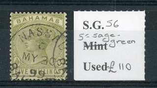 Bahamas 1884 90 QV 5/ sage green fine used example SG 56 cat £110