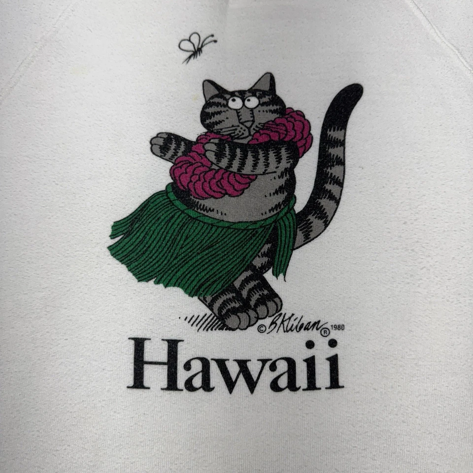 复古 Crazy Shirts 夏威夷 B Kliban 草裙舞猫艺术运动衫中号 80 年代白色 — 第 2/4 张图片