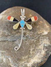 Turquoise Mother Of Pearl Zuni Sterling Silver Dragonfly Inlay Pin Pendant 12323
