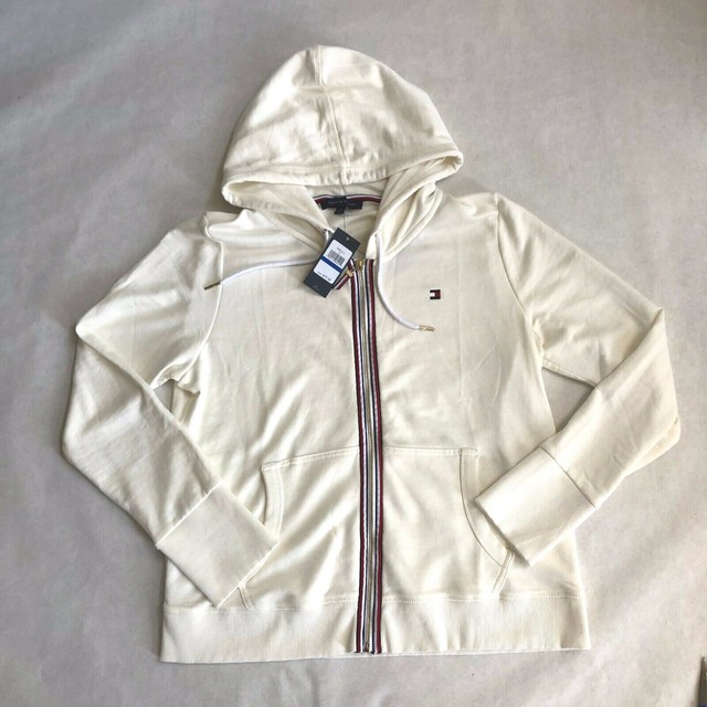 NWT Women's Tommy Hilfiger Cream Zip Up Sweatshirt Hoodie Flag Logo XL