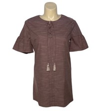 Talori Dress LARGE Mauve Off White Pin Stripe Lace Up Tassel Front Flare Sl