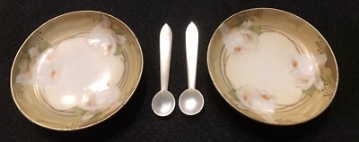 2 Antique RS Germany Footed Caviar or Open Salt Dishes W/ Mother Of Pearl Spoons