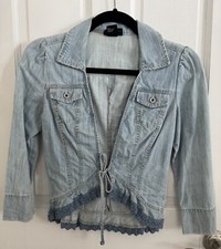 DIESEL cropped DENIM Shirt Slim 3/4 Sleeve light Wash Sz S crochet lace trim  