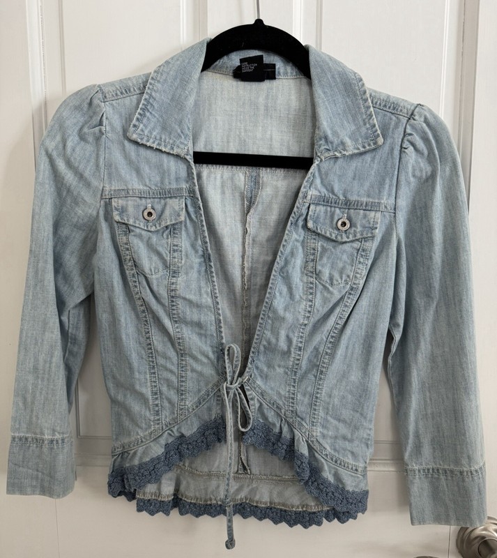 DIESEL cropped DENIM Shirt Slim 3/4 Sleeve light Wash Sz S crochet lace trim  