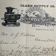 Letterhead SIGNED JL Clark Sunshine Stoves Noblesville Indiana 1898 Hamilton Oh