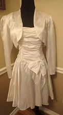 80’s VTG Diamonds Run White Satin Fit N Flare Ruched Dress W/Bolero Jacket S