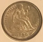 1890. Seated liberty dime , AU / UNC