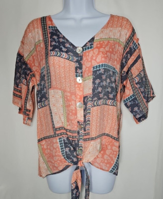 Notations Women's Floral Tie Front Button-Up Short Sleeve Blouse Size Medium