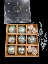 Tinsel and Fir Kugel Style Glass Ornaments Set 7 & 8 White Pinecone Ornaments