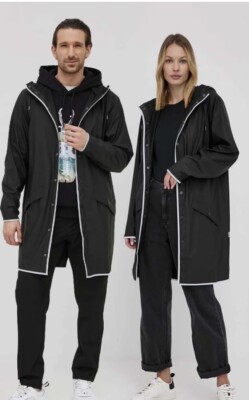 NWT Rains Long Raincoat Jacket Black Reflective With Hood Sz (Lg )Unisex