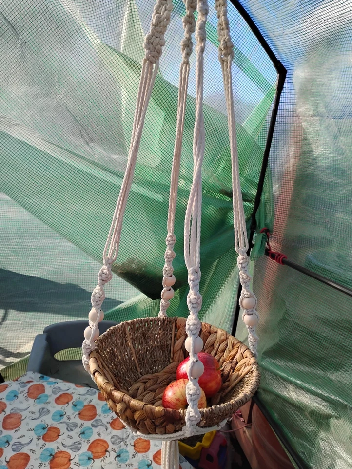 42" Long Hand Crafted Macrame Hanging 11" Fruit  Basket Baho Decor - Image 2 of 4