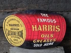 LARGE VINTAGE HARRIS OIL & GREASES "SOLD HERE" PORCELAIN BARREL SIGN 27" X 16.5"