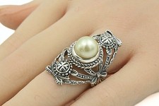 Ornate Signed Sterling Silver Etched Pearl Cocktail Statement Ring Sz 7