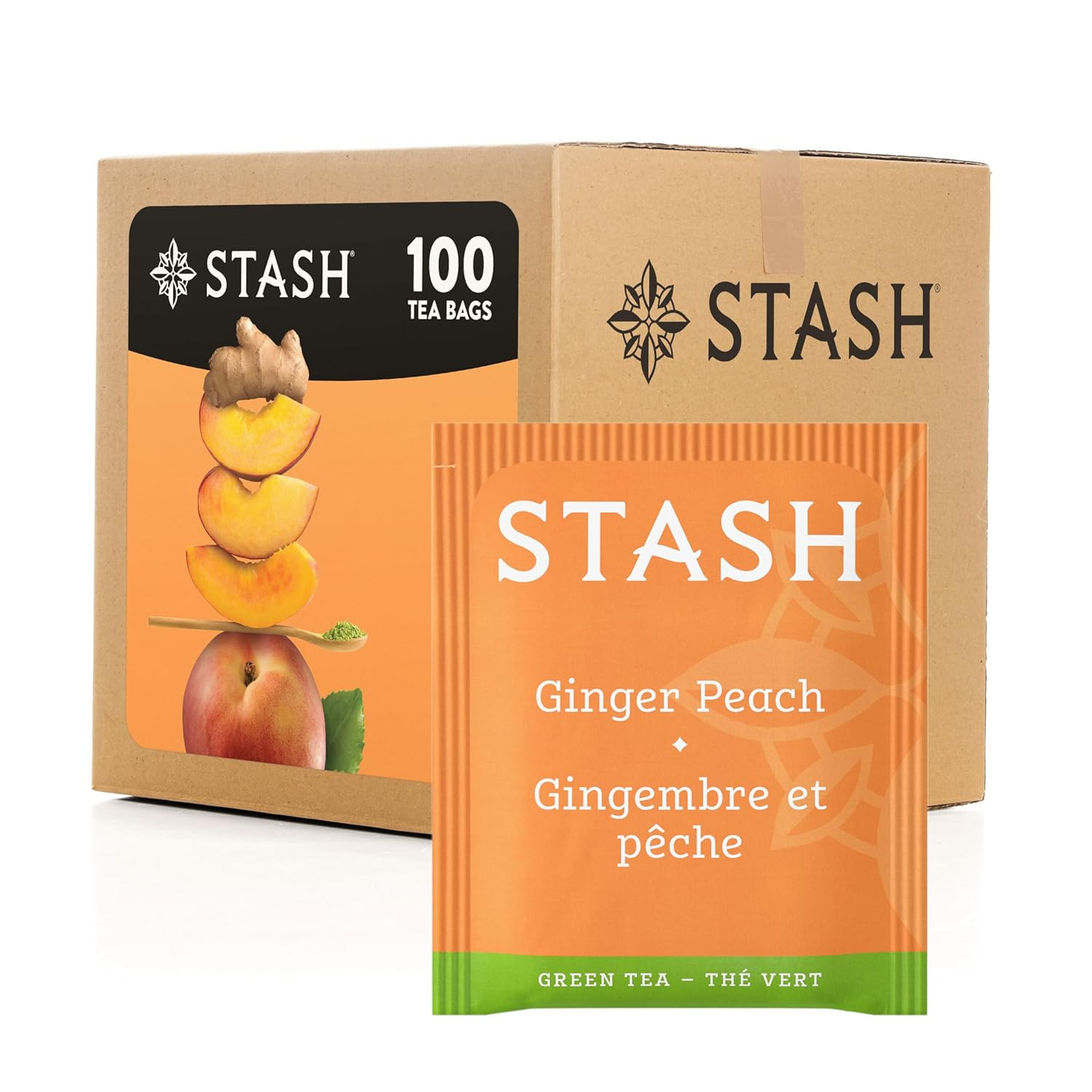 Stash Tea Ginger Peach Green Tea & Matcha Blend, Box of 100 Tea Bags (May Vary)