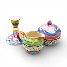Mackenzie Childs Style Sugar Creamer & Candle Holder Set Hand Painted Pottery